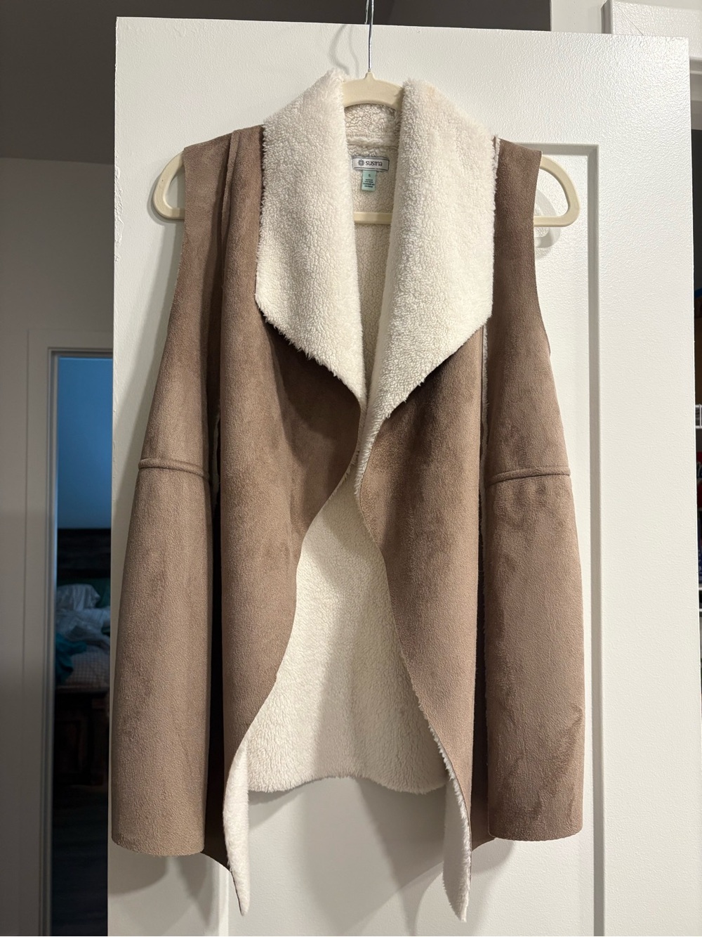 Women’s Taupe Faux-Suede Shearling Open Front Vest
